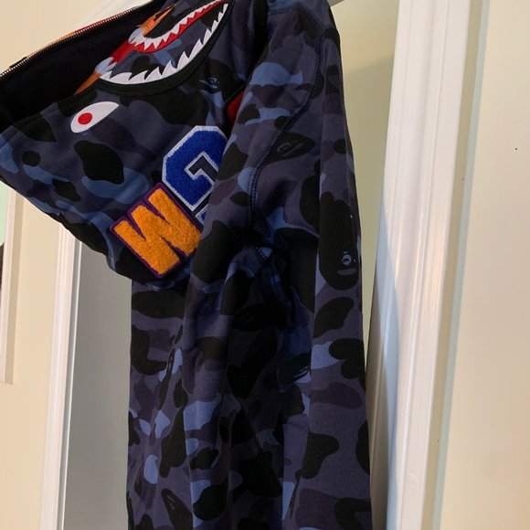 Bape BLUE Camo Tiger Shark Wide Full Zip Double Hood Hoodie LARGE Bathing Ape - Picture 5 of 16